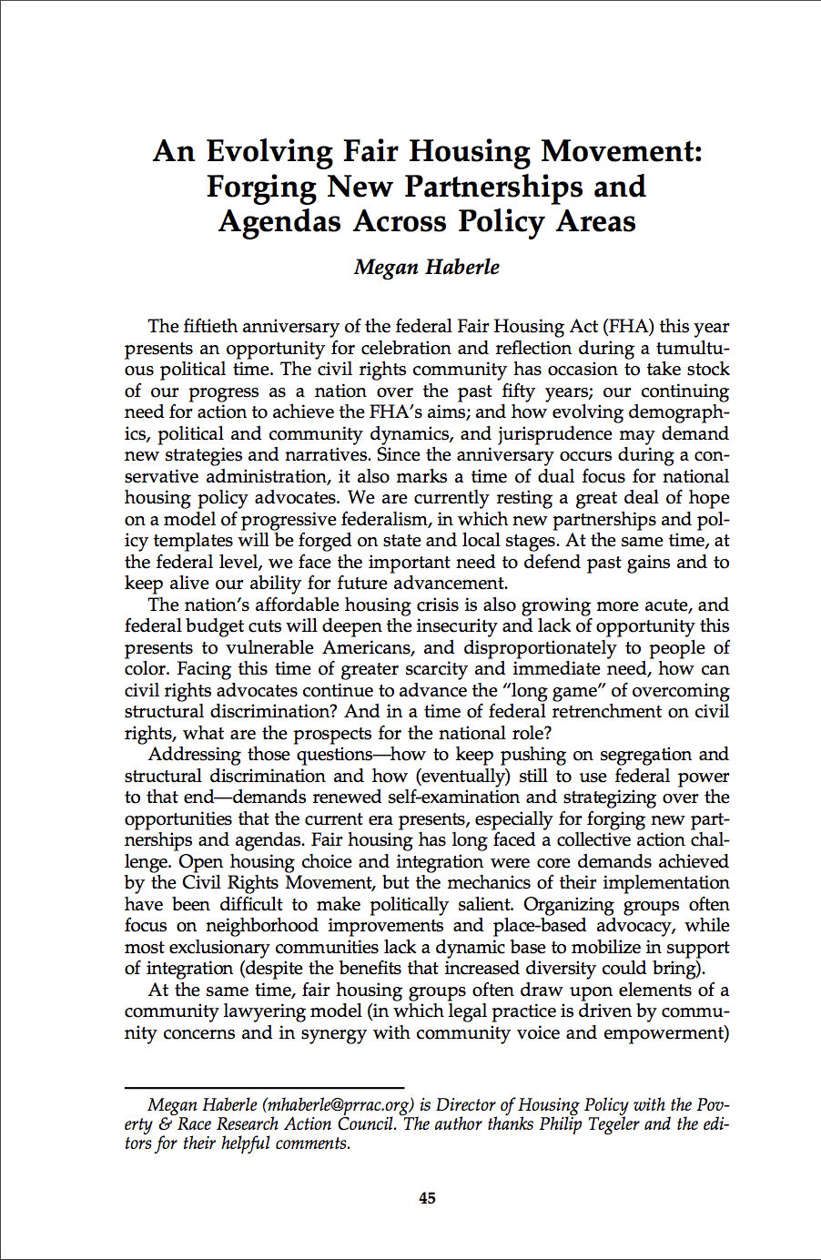 An Evolving Fair Housing Movement: Forging New Partnerships And Agendas ...